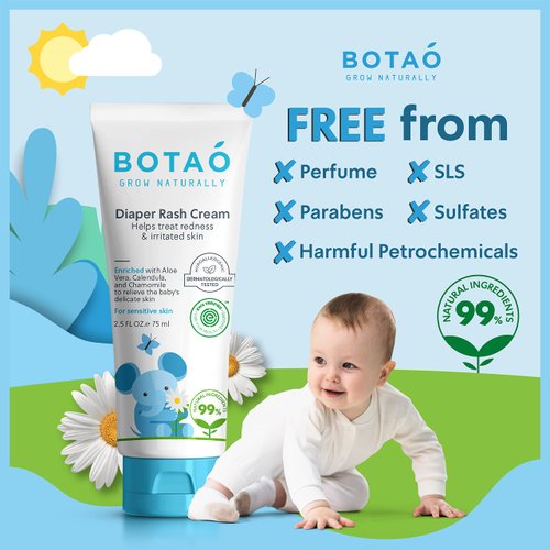 BOTAO Baby's Natural Diaper Cream | Organic Diaper Cream EWG Verified | Naturally Soothes Baby Rashes | Baby zinc Ointment Natural | For Sensitive Skin with Aloe Vera & Calendula, 2.5Oz (3 Pack)