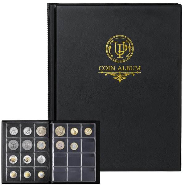 120 Pockets Coin Album - Coin Collecting Book with 10 Pages, 45x43 mm Grid Holder for Pounds Pence Cents Dollars Nickel (Black) CS48120BK