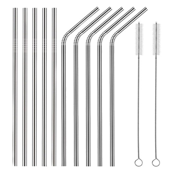 Set of 10 Stainless Steel Straws, HuaQi Bent Reusable Drinking Straws 10.5'' Long 0.24‘’ Dia for 30 oz Tumbler and 20 oz Tumbler, 2 Cleaning Brush Included