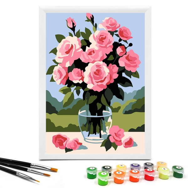 Nariolar Paint by Numbers for Kids Ages 4-8 with 7X9.5 inch Pre-Printed Cardboard,12 Acrylic Paint Pots and 3 Painting Brushes, Craft Gift Room Decor for Children,(Rose)