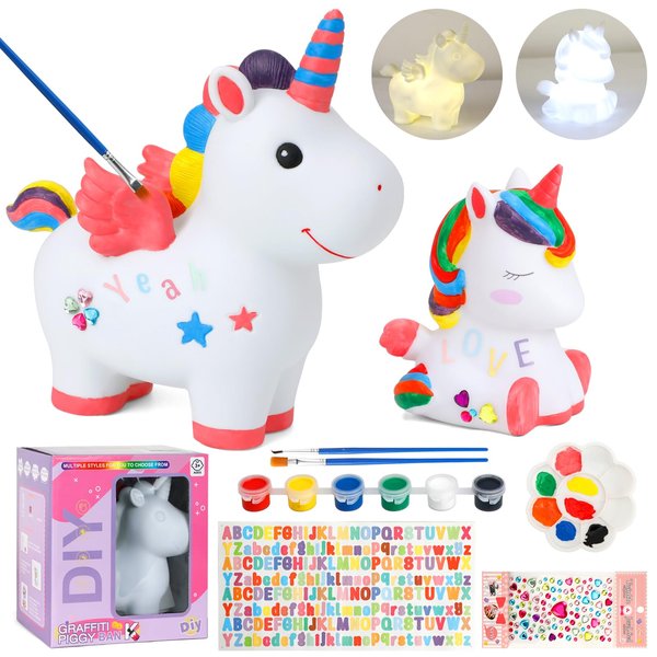GWAHSA 2 pcs Arts and Crafts Supplies Painting Kit for Kids Ages 4-8 8-12, Paint Your Own Piggy Bank Night Light Craft Kits for Teens Girls Boys Birthday Christmas Party Favors Toys Gifts