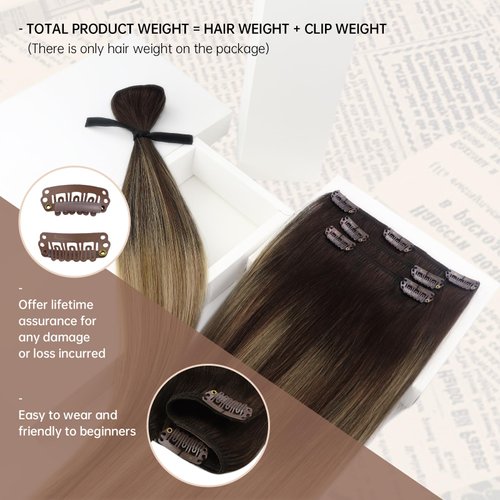 Sunny Ombre Clip in Hair Extensions Real Human Hair Dark Root Hair Extensions Real Human Hair Clip ins Dark Brown to Light Brown Balayage Ash Brown Clip in Extensions Ombre Hair Extensions 120g 16in