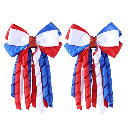 SUPCLIPS Independence Day Hair Bow Clips 3 Inch Red White Blue Curly Ribbon Hair Clips Handmade School Kids Girls Hair Accessories for 4th of July