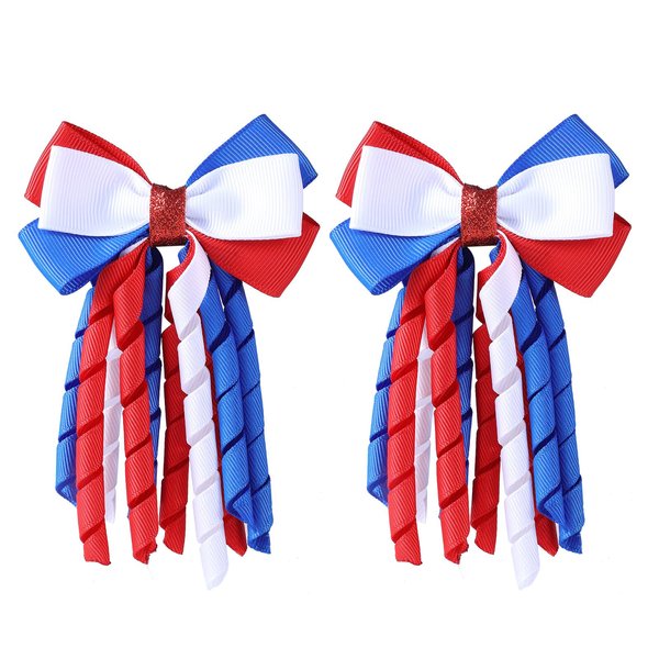 SUPCLIPS Independence Day Hair Bow Clips 3 Inch Red White Blue Curly Ribbon Hair Clips Handmade School Kids Girls Hair Accessories for 4th of July