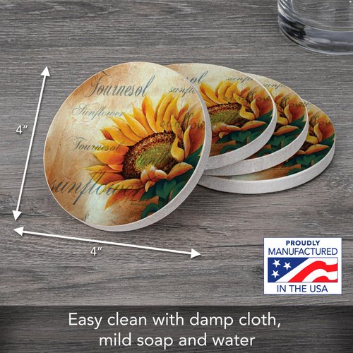 Thirstystone Sunflower II Natural Sandstone Coaster 4 Pack Eco-Friendly, Absorbent, Easily Wipes Clean