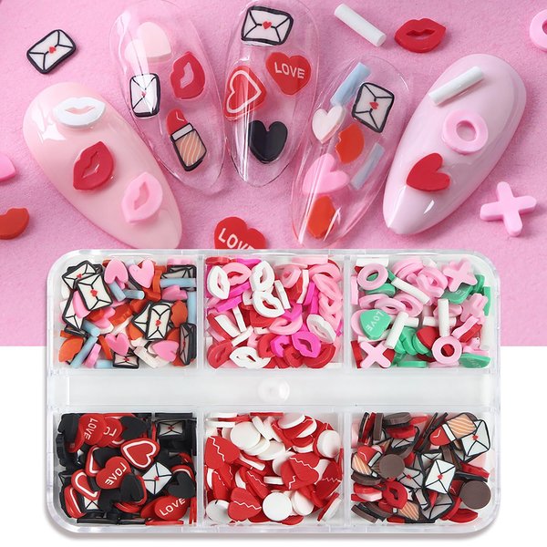 Heart Nail Art Slices, 3D Valentine's Day Nail Art Flakes Decorations Love Heart Lips Letter Nail Acrylic Supplies for Women Manicure Art DIY Polymer Clay Accessories Resin Heart Nail Art Tips