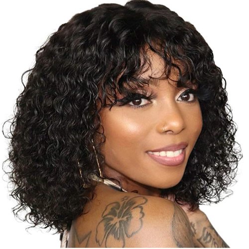 Spotlight Short Kinky Curly Wigs 10 inch Bob Loose Wave Human Hair Wigs for Women Brazilian Virgin Human Hair Wigs with Bangs 180% Density Natural Looking (Natural Black, 1B)
