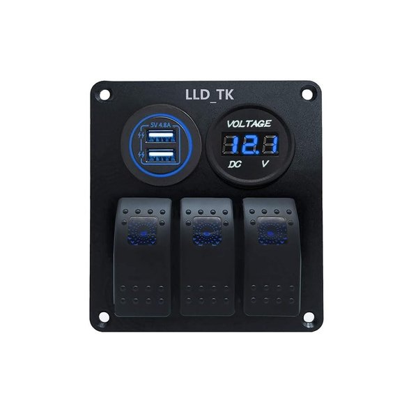 3 Gang Rocker Switch Panel Aluminum DC 12V 24V ON Off Switch Panel Waterproof Marine Boat LED Digital Display Voltmeter 4.2A Dual USB Slot Socket Car RV Truck