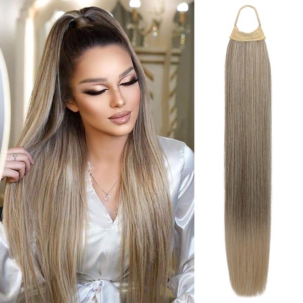VAVANGA 28inch Long Straight Ponytail Extension with Hair Tie, Multi Grey to Blonde Yaki Straight Ponytail Thick Braiding Hair Ponytail Natural Fake Pony Tails Hairpiece for Women (#8T60A)
