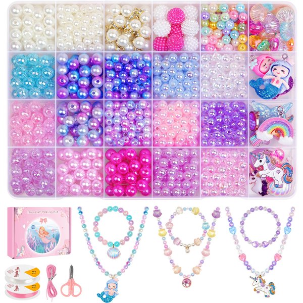 DUDUCOFU 900Pcs Mermaid Bracelet Making Kit for Girls Kids Charm DIY Beads for Jewelry Making, Friendship Bracelet Kit with Unicorn Ocean Pearl Shell Butterfly Beads for Bracelet Necklace Making