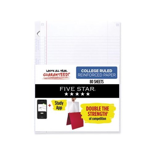 Five Star Loose Leaf Paper + Study App, Notebook Paper, College Ruled Filler Paper, Reinforced, Fights Ink Bleed, 8.5 x 11, 80 Sheets (170102),White