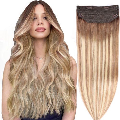 DIYOMO Halo Hair Extensions - Dark Brown to Gold Blonde and Bleach Blonde Halo Hair Extensions Real Human Hair Adjustable Size Removable Secure，Halo Extensions Real Human Hair, 3/8/22 80g 18Inch