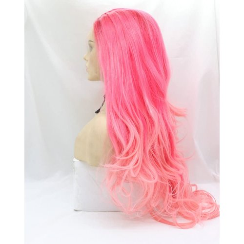 Yinuozhogntian Long Wave Pastel Pink Ombre Synthetic Lace Front Wigs for Women Bright Red Pink Wig Natural Wave Glueless Heat Resistant Fiber Drag Queen Wigs