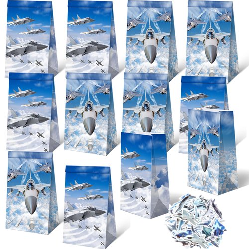 Sanwuta 24 Pcs Airplane Goodie Bags with 50 Pcs Stickers Airplane Party Favors Candy Bags Themed Paper Airplane Birthday Decorations for Party Supplies