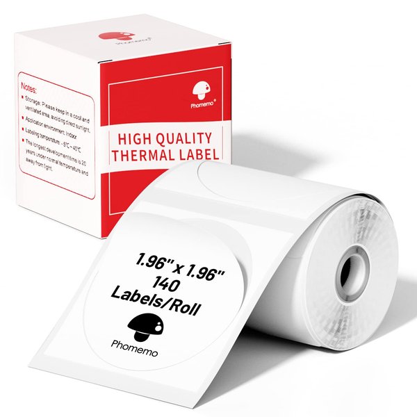 Phomemo Multi-Purpose Self-Adhesive Round Circle Label for Phomemo M110/M110S/M120/M200/M220 Label Maker, 1.96" x 1.96"（50x50 mm）Thermal Label for Barcode Label, DIY Logo Design, Black on White