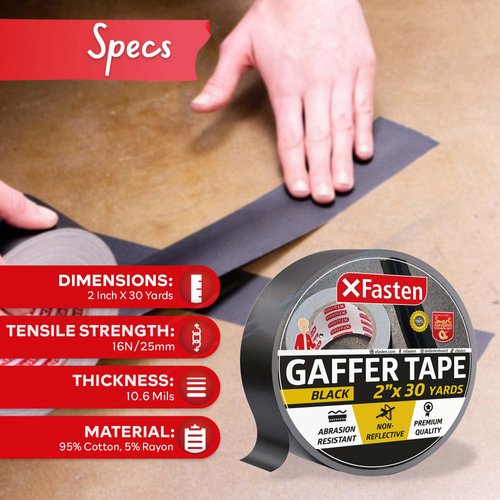 XFasten Black Gaffers Tape 2 Inch x 30 Yards (90 Feet) Residue-Free Matte Black Gaffer Tape 2 Inch Non-Reflective Easy-to-Tear Floor Tape for Electrical Cords