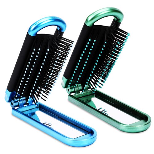 Mini Hair Brush,2 Pcs Folding Hair Brush Travel Hair Brush Compact Hair Brush with Mirror for Women Girls,Massage Comb Pocket Hair Comb for Travel. Gym, Trip, Purse, Swimming (Blue & Green)