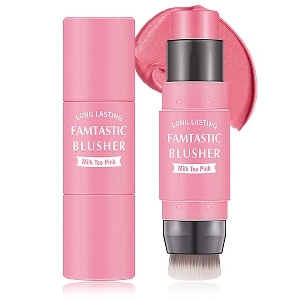 DuoZeng Cream Blush Stick with Brush,Double Head Blush Sticks for Cheeks Waterproof Cream Blush Makeup Stick Long Wearing Multi-Stick Blush for Lips,Cheeks & Eyes (#01 Milk Tea Pink)