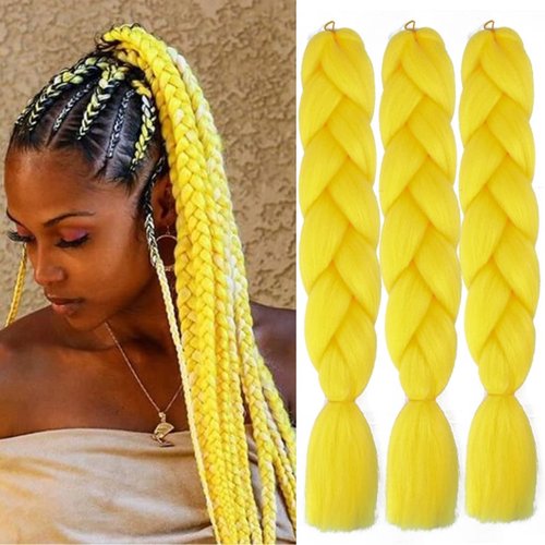 Jumbo Braiding Hair For Women and Girls 24 Inch Soft Braid Hair Extensions 3Packs Braiding Hair High Temperature Synthetic Fiber (yellow)