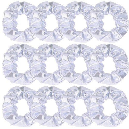 12 Pcs Shiny Metallic Cheer Dance Hair Scrunchies For Thick Hair School Performance/Sports/Practice/Party/Gymnastics Scrunchie Ponytail Holder Wrist for Girls Cosplay Show (White)