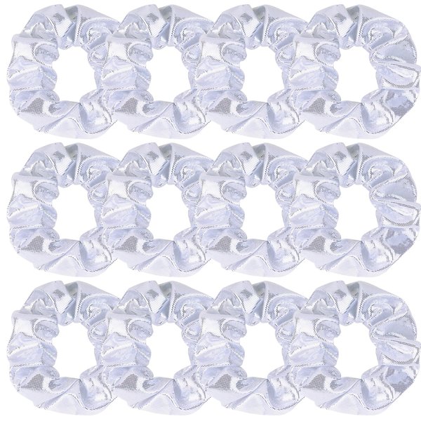 12 Pcs Shiny Metallic Cheer Dance Hair Scrunchies For Thick Hair School Performance/Sports/Practice/Party/Gymnastics Scrunchie Ponytail Holder Wrist for Girls Cosplay Show (White)