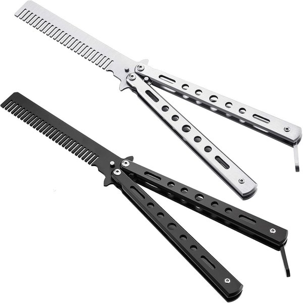 Fujolu Butterfly Knife, 2 Pieces Combs Stainless Steel Folding Practice Comb, Trainer Martial Arts Practice Tool Steel Metal Folding Knife Comb for Practicing Flipping Tricks
