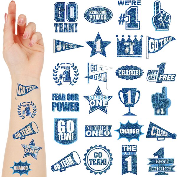 Landhoow 240 Pcs Team Spirit Tattoos Temporary for Kids Glitter Blue Go Team Tattoos Football Temporary Tattoos Party Costume Accessory Tattoos for School Spirit Supplies