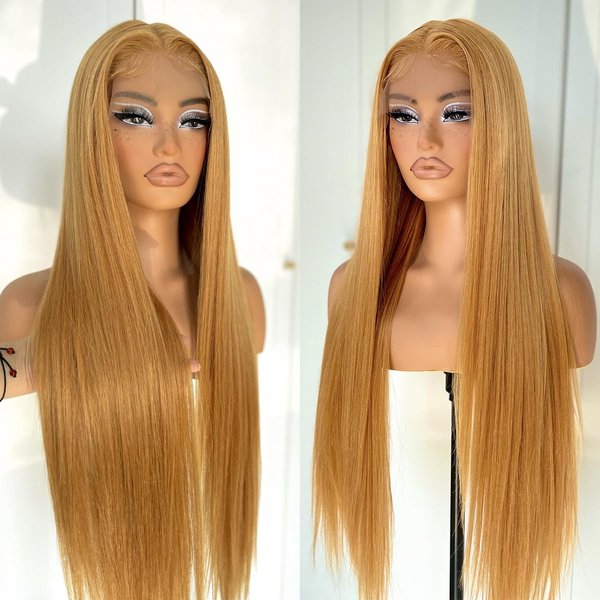 MITIMES Honey Blonde Lace Front Wig Pre Plucked, Glueless Blonde Straight Lace Front Wig 180 Density Long Straight Synthetic HD Lace Front Wig 32inch 27 Color