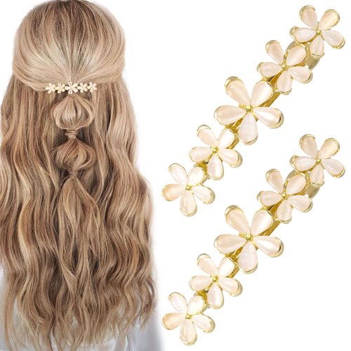 HINZIC 2Pcs 2.64inch Flower Opal Hair Clips Gold Summer Beach Wedding Barrettes Sparkly Fancy Hair Pins Prom Engagement Halloween Decorative Accessories for Women Girls Thick Long Hair