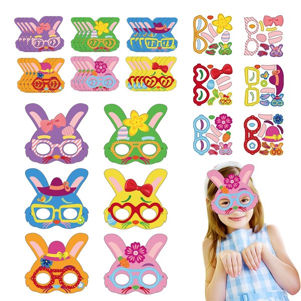 24 Pack Easter Bunny Mask Craft Kits for Kids Easter Rabbits Paper Craft Kits Bunny Rabbit Candy-Colored Mask with Stickers Spring Arts Craft Kit Easter Party Favors for Classroom Activity Art Project