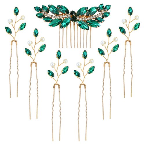 inSowni 7 Pieces Vintage Proms Bridal Wedding Glitter Gmerald Green Rhinestone Crystal Gold Metal Hair Side Combs Slides U-shaped Hair Pins Accessories for Women Flower Girls Brides Bridesmaids