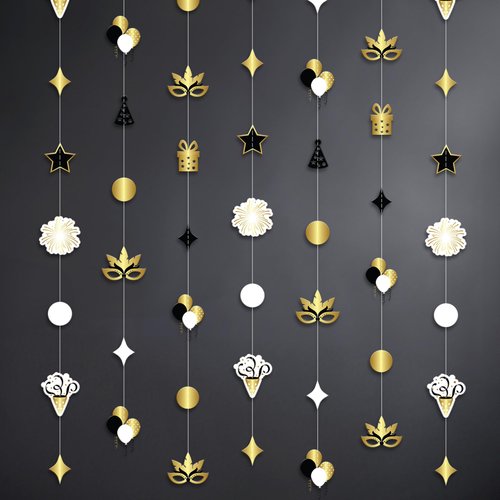 KatchOn, Happy New Year Garland - Pack of 9 | New Year Hanging Decorations | New Years Decorations 2025 | Black and Gold Party Decorations | Happy New Year Backdrop, New Years Eve Party Supplies 2025