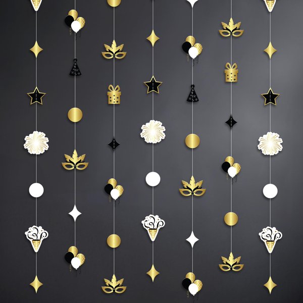 KatchOn, Happy New Year Garland - Pack of 9 | New Year Hanging Decorations | New Years Decorations 2025 | Black and Gold Party Decorations | Happy New Year Backdrop, New Years Eve Party Supplies 2025