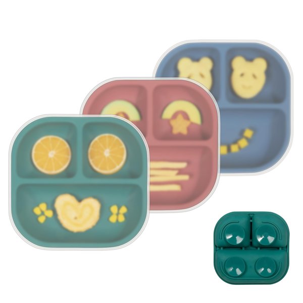 BABELIO Powerful Suction Plates with Lids for Baby & Toddler, 100% Food Grade Silicone Divided Baby Plates, BPA Free, Microwave & Dishwasher Safe
