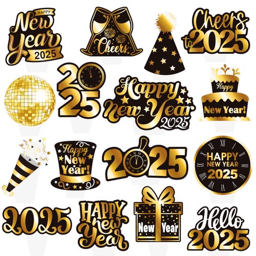 2025 New Years Eve Party Cupcake Toppers 48pcs Happy New Year Party Decoration 2025 Black and Gold New Years Cupcake Picks Decorations for 2025 New Years Eve Party Supplies