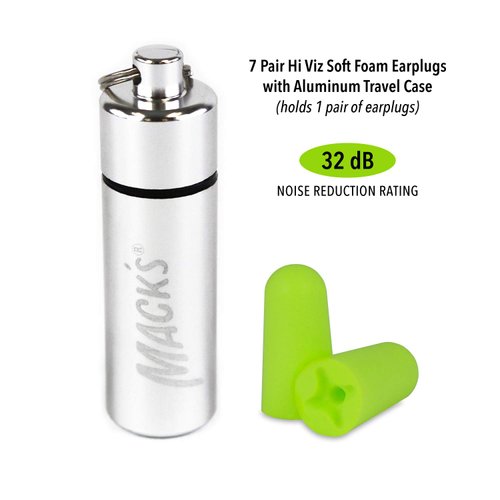Mack's Hi Viz Soft Foam Earplugs, 7 Pair with Travel Case - Most Visible Color, Easy Compliance Checks, 32dB High NRR - Comfortable, Safe Ear Plugs for Shop Work, Industrial Use and Motor Sports