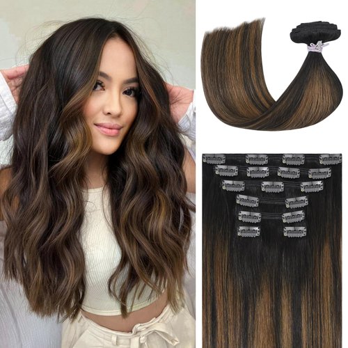 Ukira Hair Extensions Real Human Hair Clip ins, Balayage Hair Extensions 14 Inch 120g 2/6/2 Dark Brown to Chestnut Brown Clip in Hair Extensions, Remy Human Hair Extensions Clip ins for Women