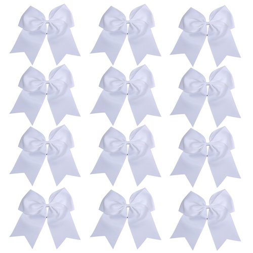 8 Inch Cheerleader Bows Ponytail Holder Solid Color Cheerleading Bows Hair Tie (White)