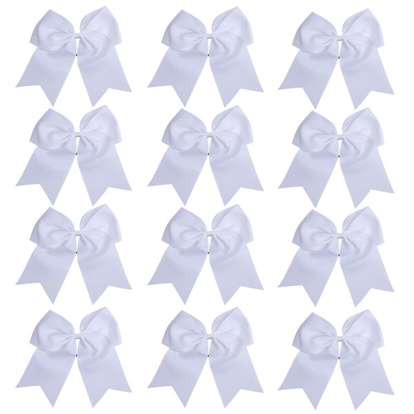 8 Inch Cheerleader Bows Ponytail Holder Solid Color Cheerleading Bows Hair Tie (White)