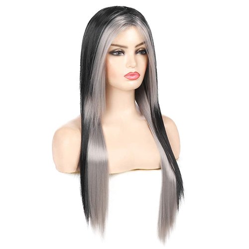 Baruisi Long Black Grey Wig Silky Straight Synthetic Heat Resistant Side Bangs Halloween Costume Hair Wigs for Women