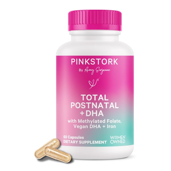 Pink Stork Total Postnatal Vitamins for Women with Vegan DHA, Iron, Folate, and Vitamin B12, Postpartum Recovery Essentials, Daily Supplement for Breastfeeding Moms - 1 Month Supply