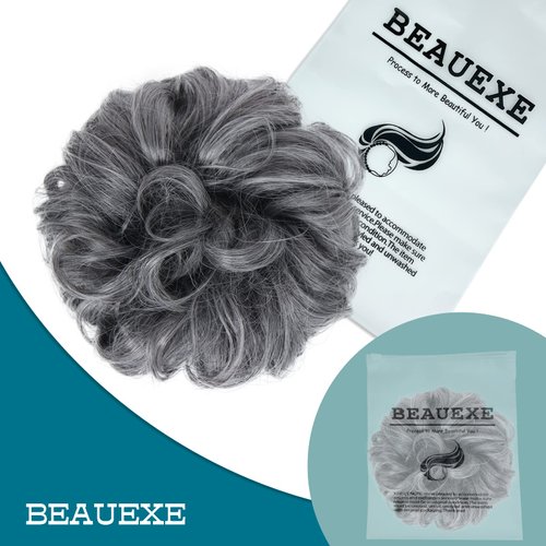 BEAUEXE Thick Volume Messy Bun Hair Scrunchies Curly Hair Extensions for Women Create Full Updos Realistic Synthetic Hair Bun Maker Chignon Ponytail Extension (Silver Gray Black Mixed),1.0 Count