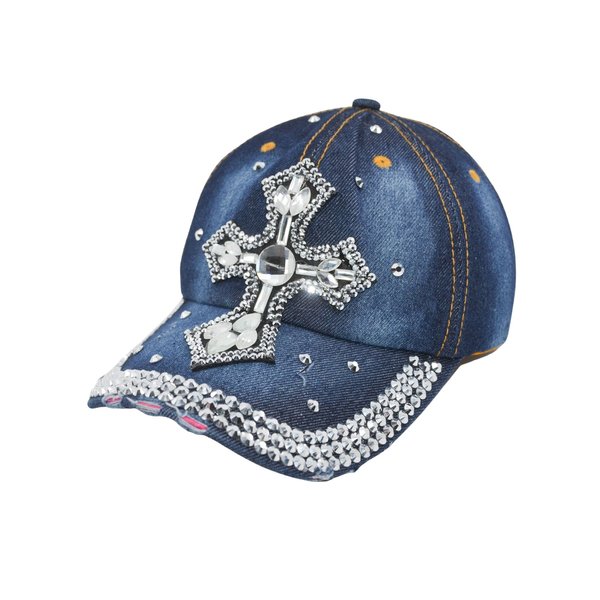 Popfizzy Cross Hat, Rhinestone Hats for Women, Bling Bling Bedazzled Baseball Caps, Distressed Denim Hat, Bejeweled Hats