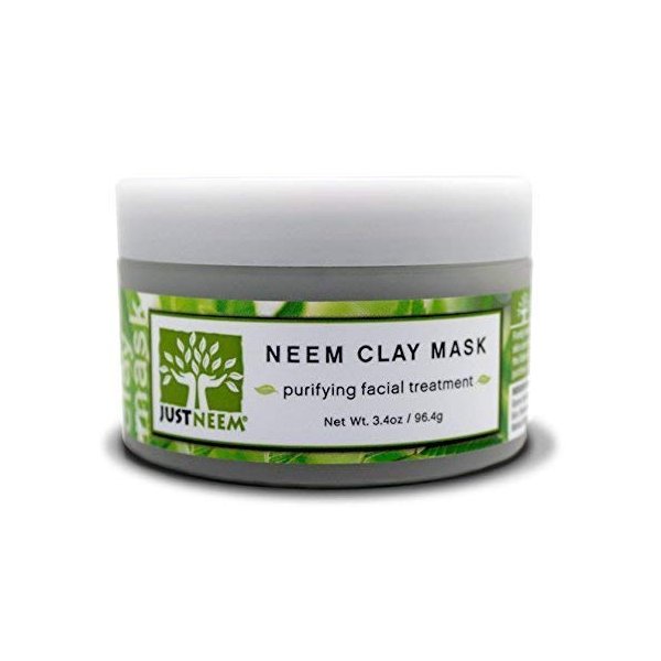 justneem, French Clay Mask with Neem, for Blemishes, Blackheads, Rashes; for Irritated and Stressed Skin; Deeply Cleansing and Rejuvenating; Rosemary, Lavender, Eucalyptus Essential Oils, 3.4 oz