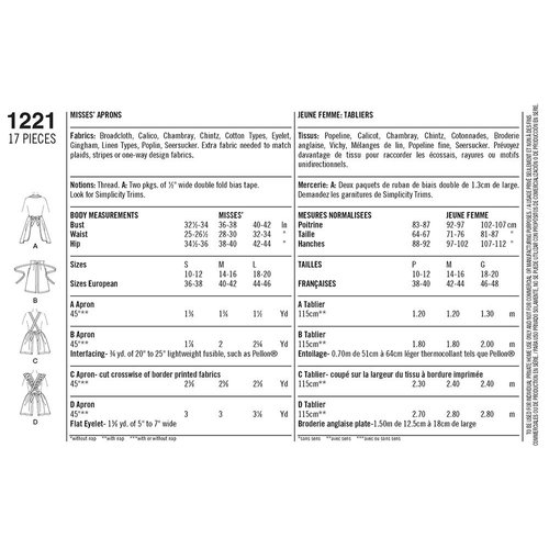 Simplicity Vintage Simplicity 1221 1940's Vintage Fashion Women's Apron Sewing Pattern Kit, Sizes S-L