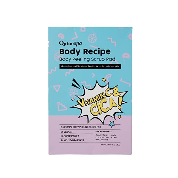 QuinoSpa Body Recipe Body Peeling Scrub Pad 7 Scrub Pads in Zipper Pouch with CICA | Vitamin C | Honey | Collagen | PHA | Hyaluronic Acid | Korean B
