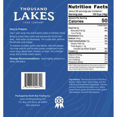 Thousand Lakes Minnesota Wild Rice Soup Mix with Vegetables - 1 pound | Fat Free | 20+ Servings | 100% Natural | Vegetarian