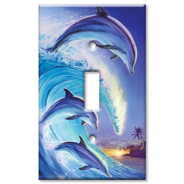 Art Plates - Single Gang Toggle Decorative Metal Wall Plate - Dolphins in the Wave - (Made in USA)