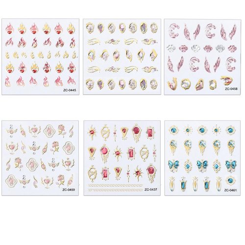 Dornail 6 Sheets 5D Crystal Soft Glue Embossed Nail Stickers,Flame Heart Nail Art Stickers Pink Feather Stereoscopic Nail Decals Diamond Flower Sun Gold Metal Line DIY Nail Design Nail Art Decoration