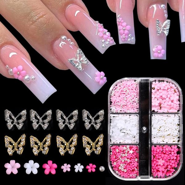 3D Flower Nail Charms, 3D Acrylic Flower White Pink Blossom Petal with Pearls Beads, Metal Alloy Gold Silver Butterfly with Rhinestones Crystal Gems Manicure DIY Nail Decorations Kit for Women